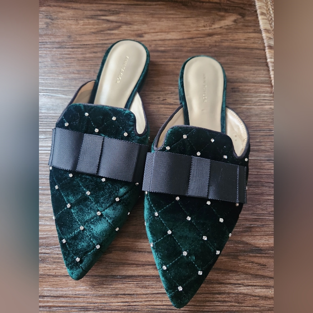 Women's Emerald Green Quilted Velvet Slip-On Mules with Bow